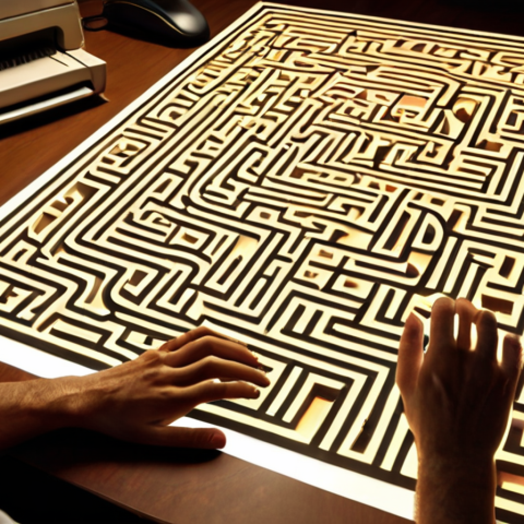 **Prompt:** Bureaucracy maze, intricate paperwork, frustrated public official at desk, computer screen glow, emphasizing process simplification, warm lighting, realistic.