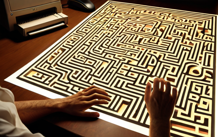 **Prompt:** Bureaucracy maze, intricate paperwork, frustrated public official at desk, computer screen glow, emphasizing process simplification, warm lighting, realistic.