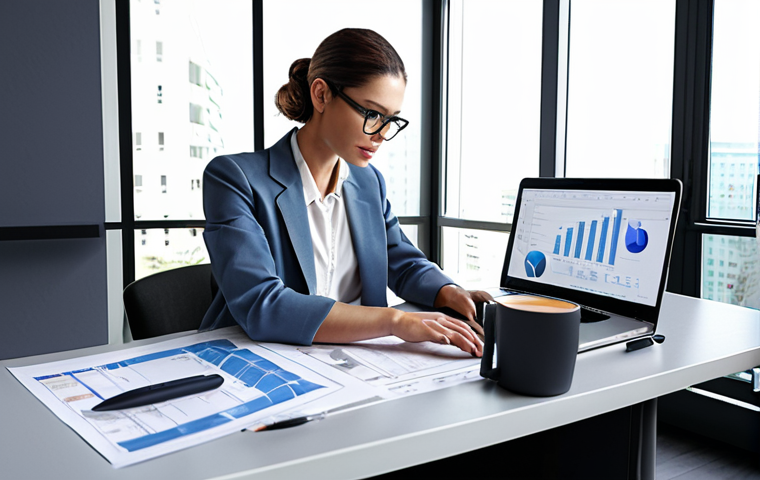 **
"A modern condominium administrator working on a laptop, surrounded by blueprints and documents. The scene is bright and professional, showcasing digital tools and a well-organized workspace. Emphasize efficiency and technological integration in property management, reflecting the use of software and online communication."
**