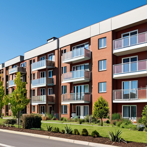 Home 25 **
Modern apartment building exterior, showcasing solar panels on the roof and well-maintained landscaping. The scene should evoke a sense of sustainability and energy efficiency. Clear blue sky, bright sunny day.
**