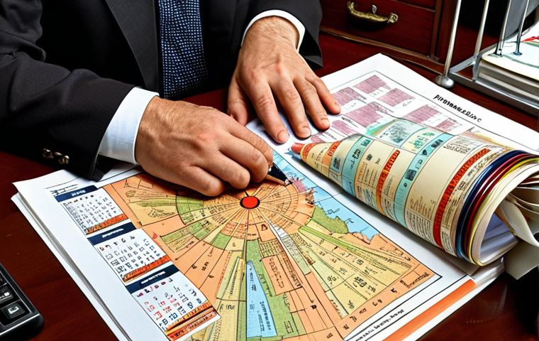 A determined professional, possibly Italian, sits at a meticulously organized study desk, intently examining a large, complex official document, resembling a public competition announcement ('bando'). Highlighters and pens are strategically placed, and a visible planner or digital calendar on the side emphasizes methodical preparation. A subtle visual metaphor of a compass or detailed map appears integrated with the legal books on the desk, symbolizing guidance and clarity amidst dense information. The lighting is bright and focused, creating an atmosphere of empowering determination and clear strategy. Realistic, high detail, professional photography.