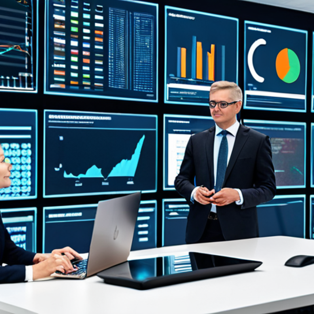 A diverse group of public management professionals in modest business suits and professional dress, collaborating in a bright, modern international office environment. Large digital screens display complex data analytics and global project dashboards, while subtle representations of AI interfaces and cybersecurity elements are visible. The atmosphere is focused and innovative, showcasing their dedication to digital transformation in public service. Fully clothed, appropriate attire, safe for work, perfect anatomy, correct proportions, natural pose, well-formed hands, proper finger count, natural body proportions, professional photography, high quality, appropriate content, modest, family-friendly.