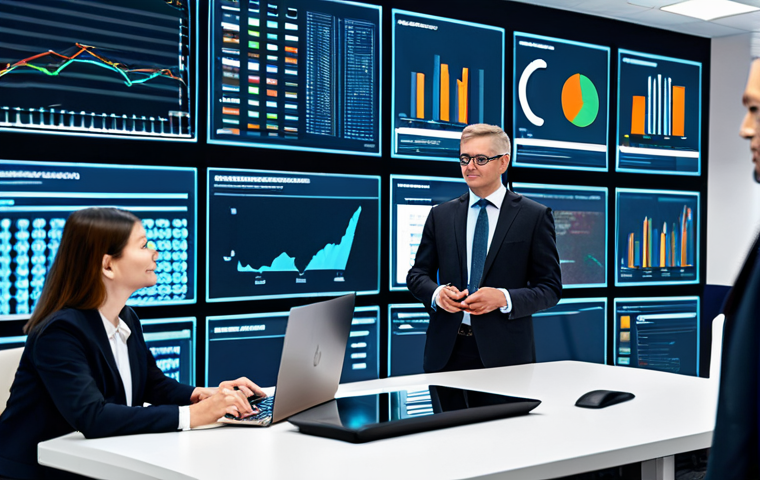 A diverse group of public management professionals in modest business suits and professional dress, collaborating in a bright, modern international office environment. Large digital screens display complex data analytics and global project dashboards, while subtle representations of AI interfaces and cybersecurity elements are visible. The atmosphere is focused and innovative, showcasing their dedication to digital transformation in public service. Fully clothed, appropriate attire, safe for work, perfect anatomy, correct proportions, natural pose, well-formed hands, proper finger count, natural body proportions, professional photography, high quality, appropriate content, modest, family-friendly.