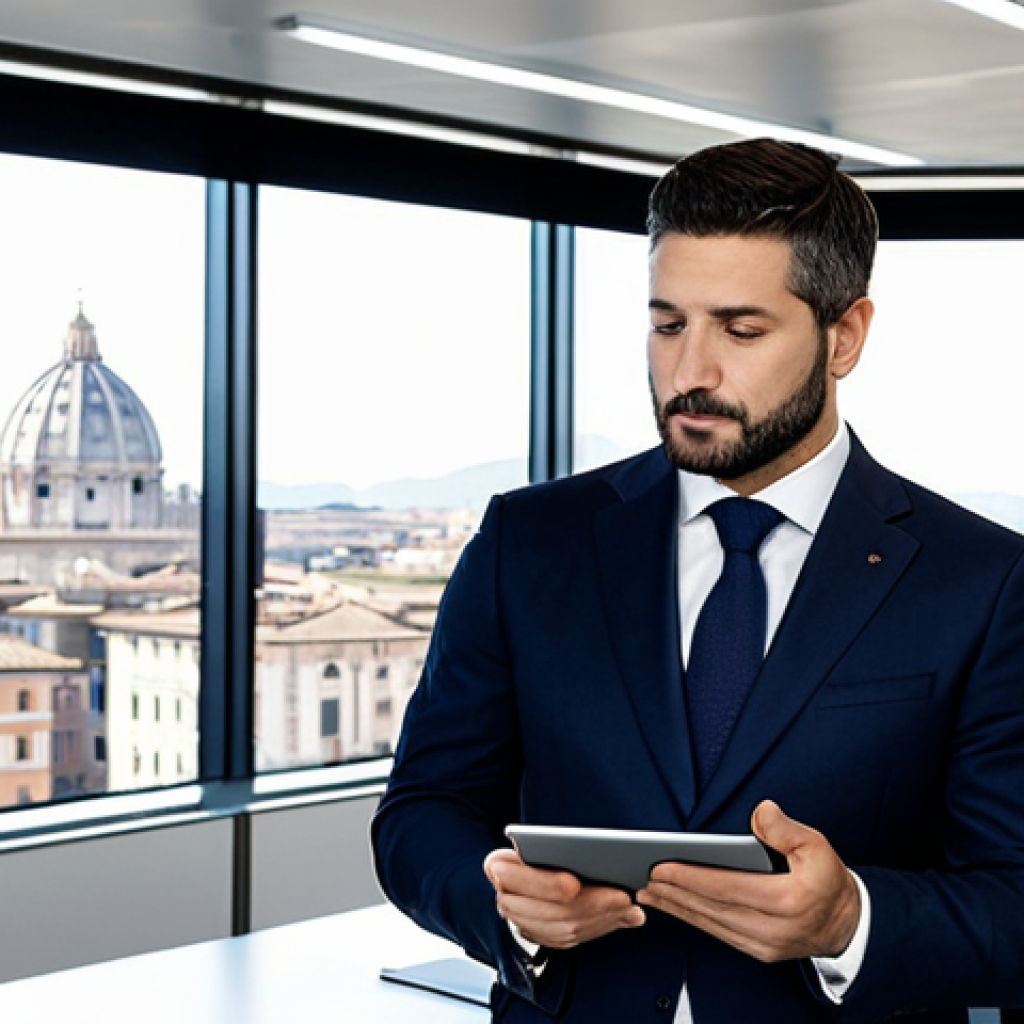 A focused Italian professional, fully clothed in a modest, dark business suit, standing confidently in a bright, modern public administration office in Rome, featuring sleek desks and large windows overlooking the city. The professional is holding a tablet, displaying a strategic plan. The atmosphere is calm and professional, highlighting expertise and dedication. The image emphasizes professionalism and competence. safe for work, appropriate content, perfect anatomy, correct proportions, natural pose, well-formed hands, proper finger count, natural body proportions, professional photography, high quality, professional dress, family-friendly.