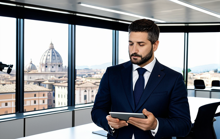 A focused Italian professional, fully clothed in a modest, dark business suit, standing confidently in a bright, modern public administration office in Rome, featuring sleek desks and large windows overlooking the city. The professional is holding a tablet, displaying a strategic plan. The atmosphere is calm and professional, highlighting expertise and dedication. The image emphasizes professionalism and competence. safe for work, appropriate content, perfect anatomy, correct proportions, natural pose, well-formed hands, proper finger count, natural body proportions, professional photography, high quality, professional dress, family-friendly.