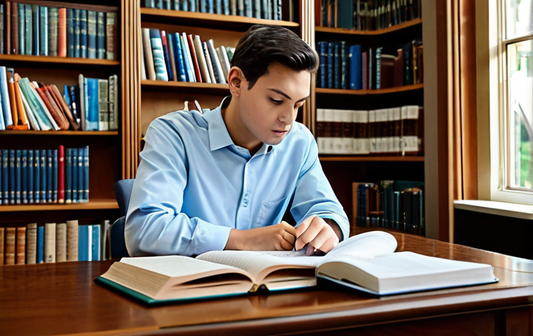 **

"A student in a well-lit library, fully clothed and wearing appropriate attire, studying diligently with textbooks and notes. Bookshelves filled with various subjects in the background. Safe for work, perfect anatomy, correct proportions, natural pose, professional, modest, family-friendly, high quality."

**