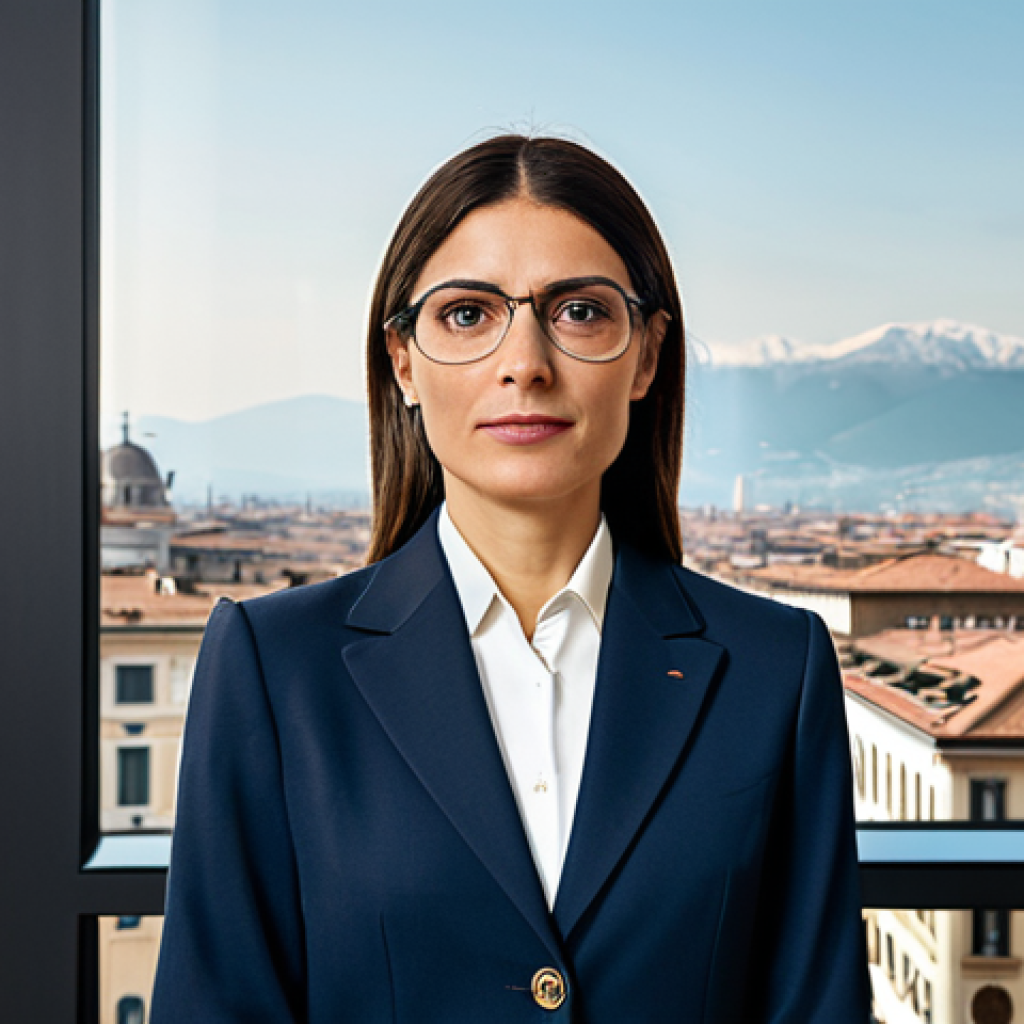 Successful Italian Lawyer**

A professional female lawyer in a tailored business suit, standing confidently in a modern law office in Milan, Italy. The office features a large window overlooking the city. Fully clothed, appropriate attire, safe for work, perfect anatomy, natural proportions, professional photography, high quality, modest clothing.

**