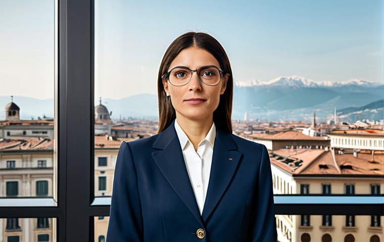 Successful Italian Lawyer**

A professional female lawyer in a tailored business suit, standing confidently in a modern law office in Milan, Italy. The office features a large window overlooking the city. Fully clothed, appropriate attire, safe for work, perfect anatomy, natural proportions, professional photography, high quality, modest clothing.

**