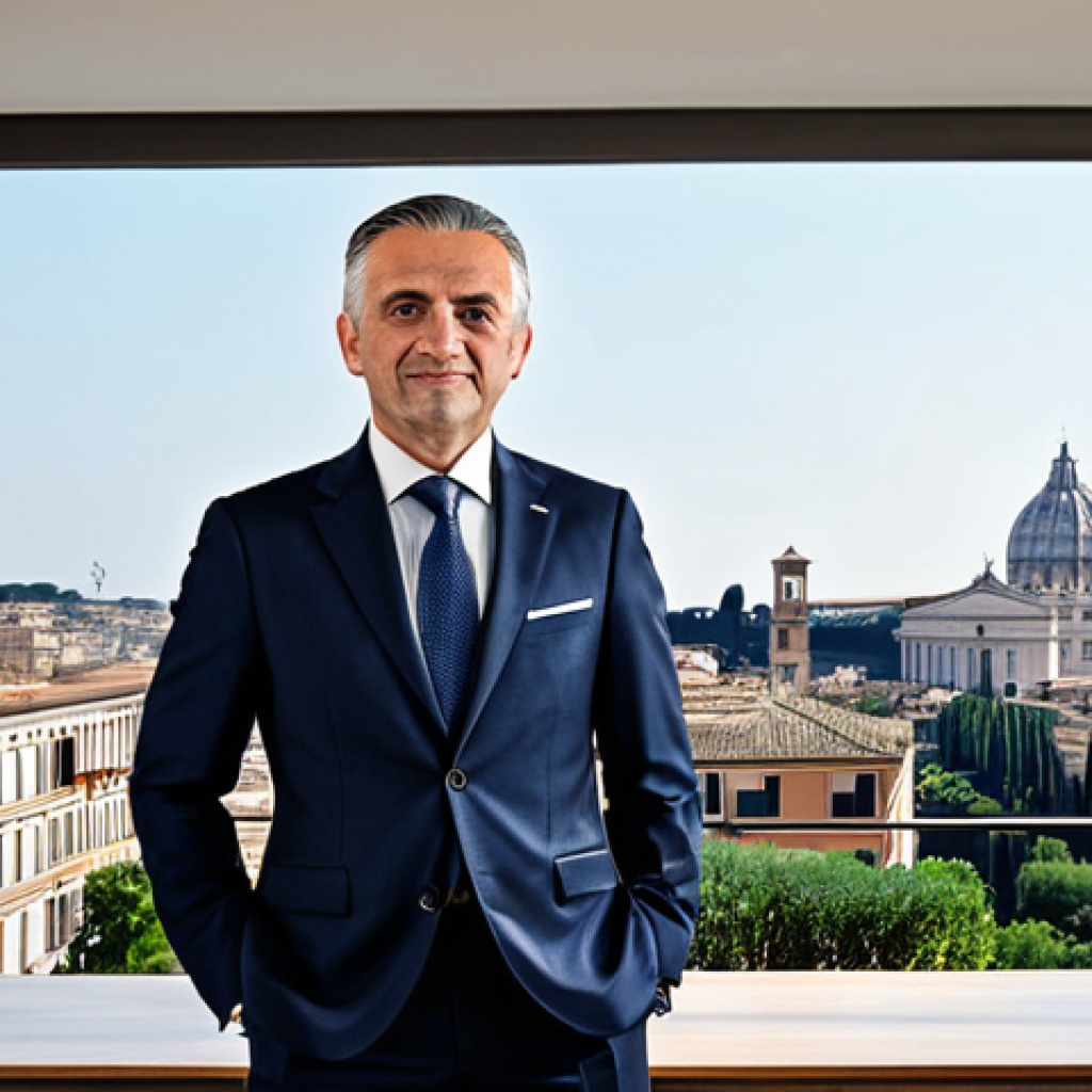 **

"A successful Italian amministratore di condominio (condominium administrator), fully clothed in a professional business suit, standing in a modern office with a view of Rome in the background, appropriate attire, safe for work, perfect anatomy, natural proportions, professional photography, high quality."

**