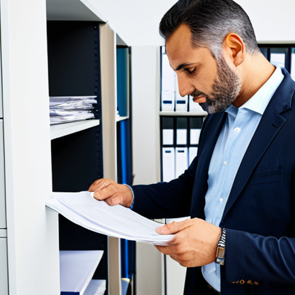 Condominium Administrator in Action**

A professional and competent male condominium administrator in a modern Italian office, reviewing documents and using a computer. He is wearing a smart-casual outfit, fully clothed, appropriate attire. The office is bright and well-organized with shelves of files. The image should convey professionalism and efficiency. Safe for work, family-friendly, perfect anatomy, correct proportions, well-formed hands, proper finger count, natural body proportions, professional.

**