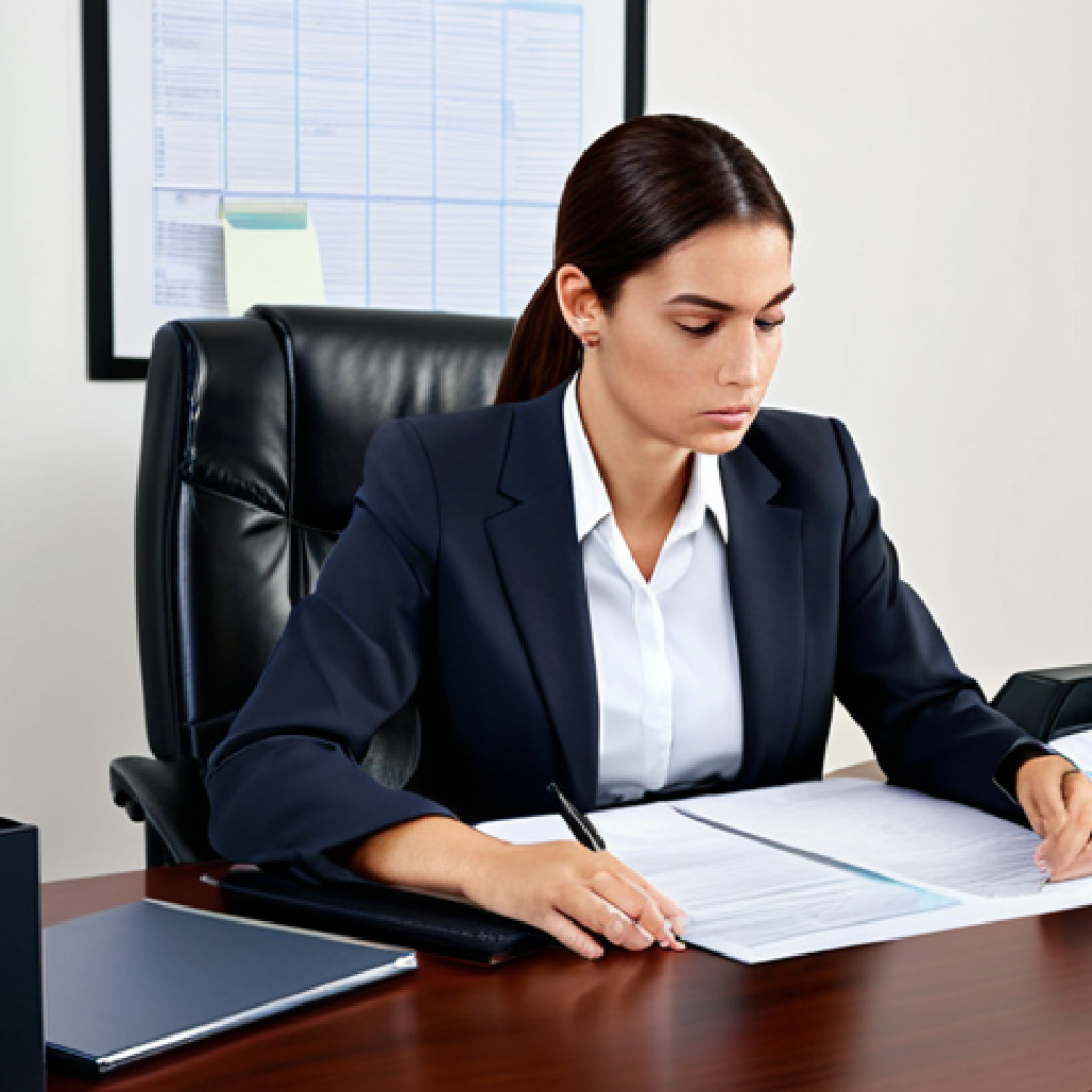 공공관리사 필기시험 합격 전략 - "A competent female administrative official in a professional office setting, fully clothed in a mod...