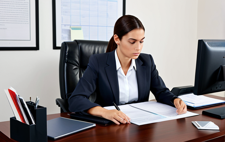 공공관리사 필기시험 합격 전략 - "A competent female administrative official in a professional office setting, fully clothed in a mod...