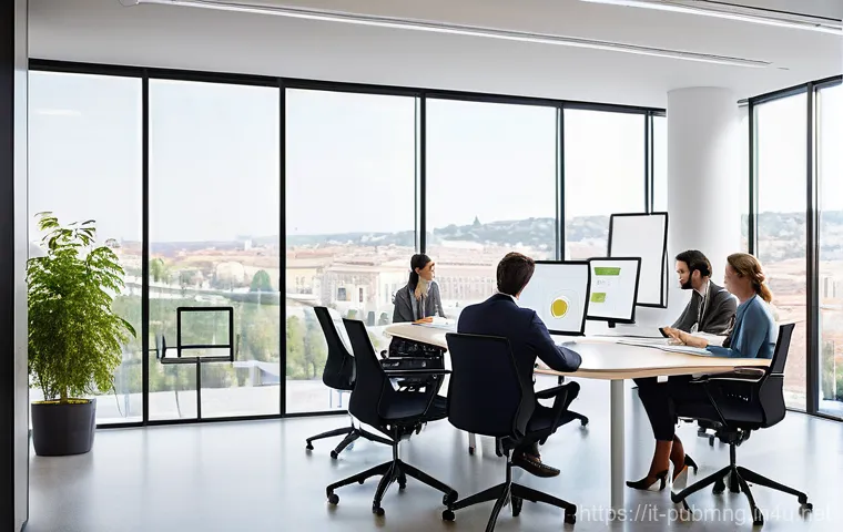 공공관리사 업무 환경과 문화 - **Prompt: "A vibrant, modern Italian public administration building lobby at golden hour, filled wit...