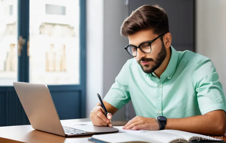 공공관리사 시험 준비를 위한 추천 강의 - A young Italian student, diligently focused on preparing for public competitions, sits at a well-org...