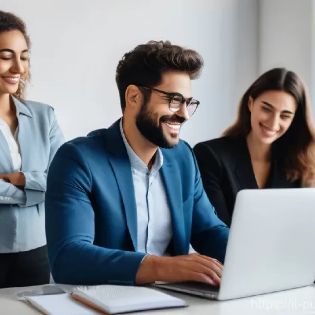 공공관리사 직무 만족도 후기 - A diverse group of Italian public sector employees in a modern, well-lit office setting and comforta...
