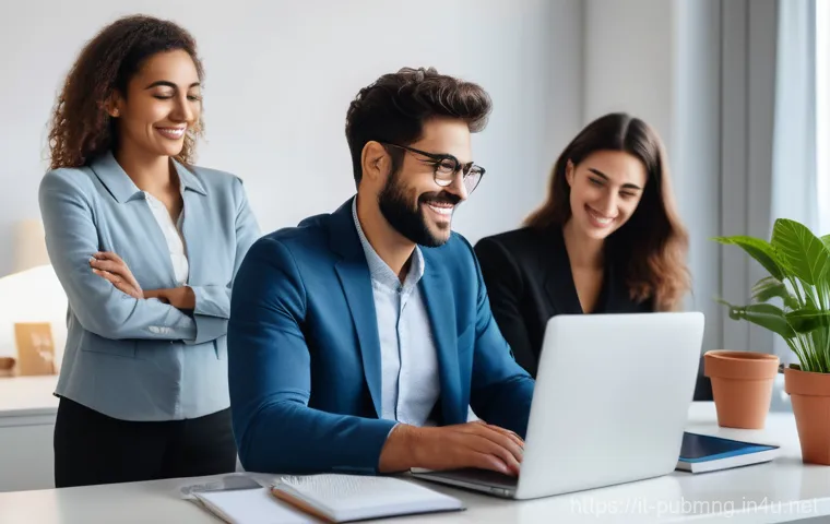 공공관리사 직무 만족도 후기 - A diverse group of Italian public sector employees in a modern, well-lit office setting and comforta...