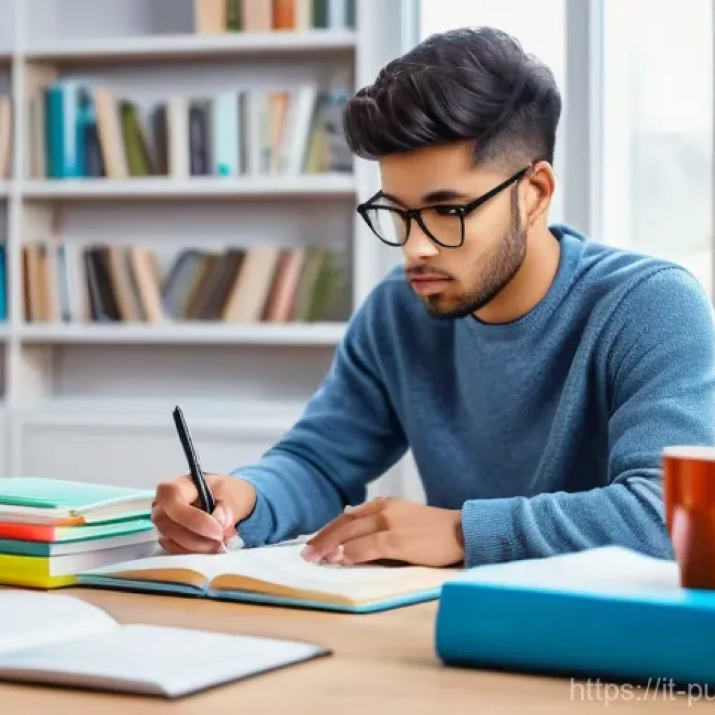 공공관리사 필기시험 합격을 위한 학습 전략 - **Intense and Organized Study Session**: A young adult, male or female, around 20-30 years old, sitt...