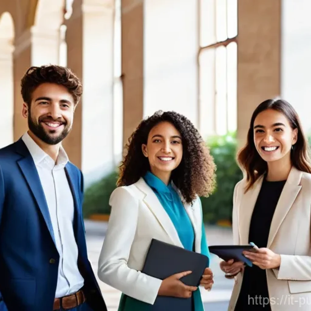 공공관리사 시험 합격생 인터뷰 - **Prompt:** A dynamic and optimistic group of diverse young Italian professionals, aged 25-35, both ...