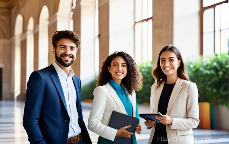 공공관리사 시험 합격생 인터뷰 - **Prompt:** A dynamic and optimistic group of diverse young Italian professionals, aged 25-35, both ...