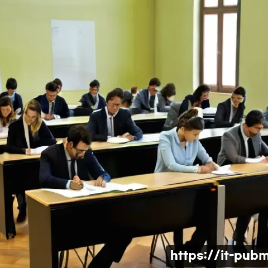 공공관리사 시험 난이도 분석 - **Prompt:** A wide shot of a brightly lit, modern examination hall in Italy. Hundreds of young Itali...