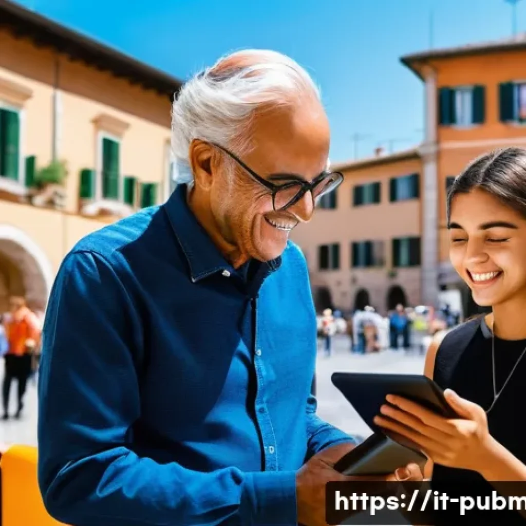 공공관리사 관련 산업에서의 글로벌 동향 - **Prompt:** A vibrant scene in a sun-drenched, modern Italian piazza, where diverse Italian citizens...
