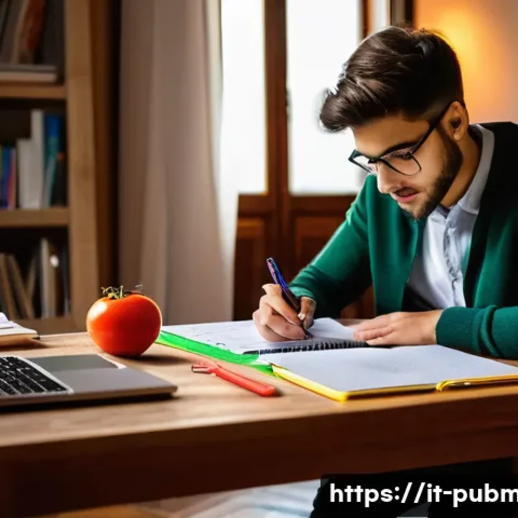 공공관리사 실기시험 준비 과정에서의 교훈 - A focused young adult Italian student sitting at a wooden desk in a cozy, well-lit room decorated wi...
