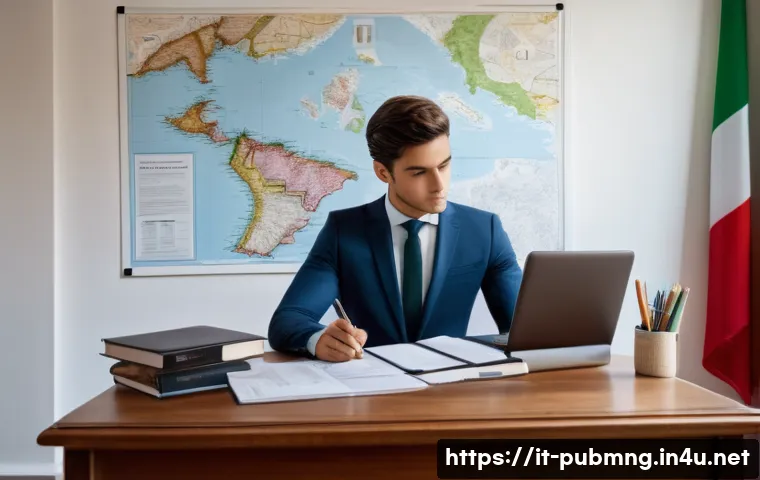 공공관리사 자격증 합격률 분석 - A modern Italian study room with a young adult Public Manager candidate preparing for an exam, sitti...