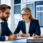 공공관리사 자격증을 활용한 경력 전환 성공 사례 - A professional business setting showing a diverse group of men and women in formal attire collaborat...