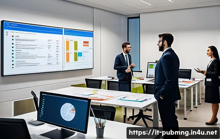 공공관리사 실기시험에서 자주 나오는 문제 유형 - A modern Italian public administration office scene, showing a diverse team of professionals collabo...