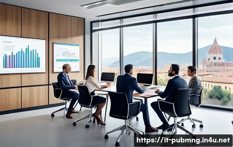 공공관리사 최신 기출문제 리뷰 - A modern Italian public administration office scene, showing a diverse group of professionals in bus...