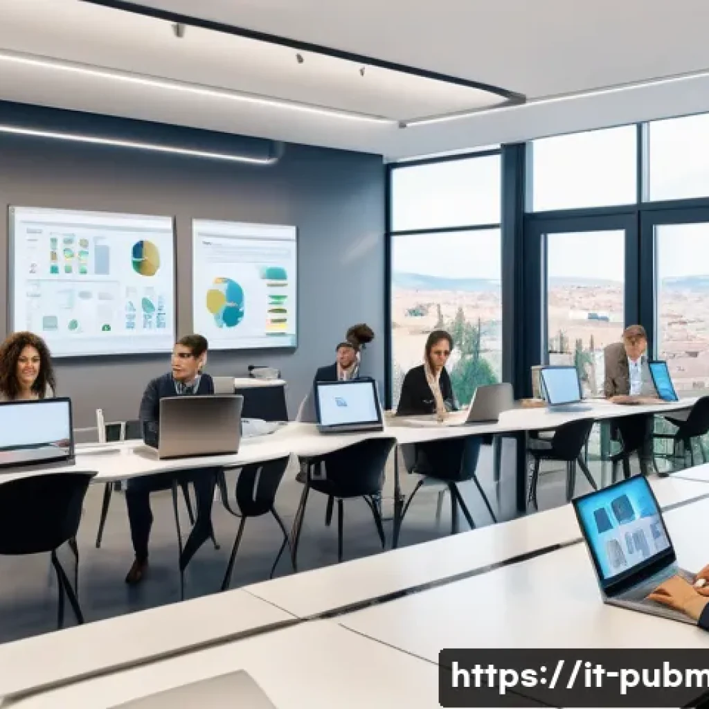 공공관리사 직무 역량 향상 사례 - A modern Italian public administration office scene showing diverse professionals engaged in digital...