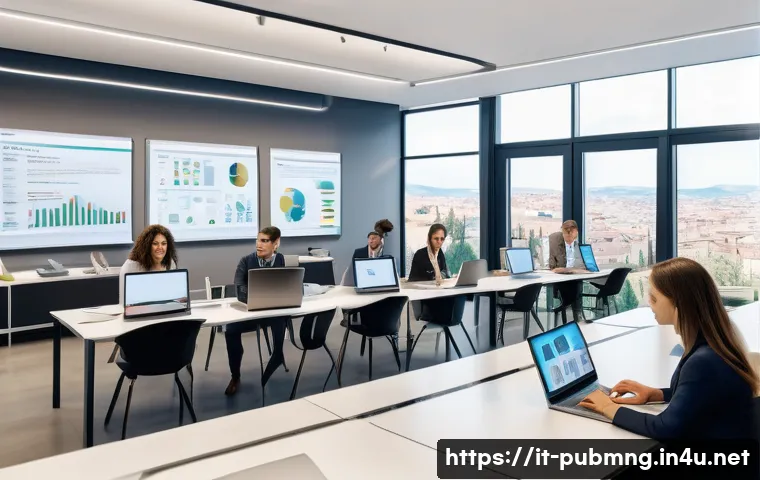 공공관리사 직무 역량 향상 사례 - A modern Italian public administration office scene showing diverse professionals engaged in digital...