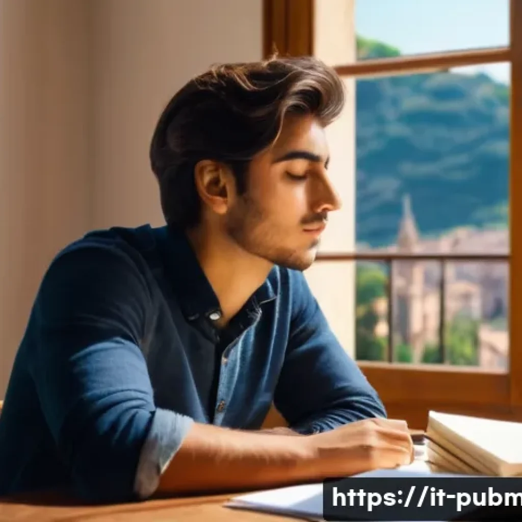 공공관리사 시험 중 실수를 피하는 팁 - A focused Italian university student sitting at a wooden desk in a quiet, sunlit room, surrounded by...