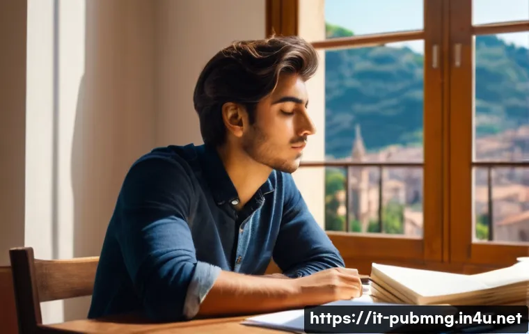 공공관리사 시험 중 실수를 피하는 팁 - A focused Italian university student sitting at a wooden desk in a quiet, sunlit room, surrounded by...