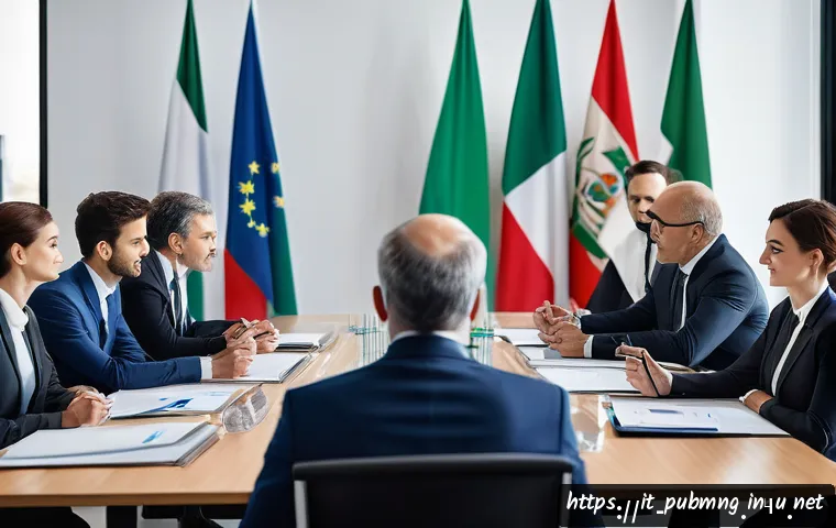 공공관리사 관련 업무와 직무의 차이 - A modern Italian public administration office scene showing a diverse group of professionals in busi...