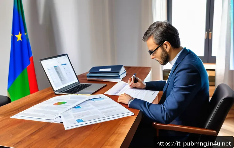 공공관리사 채용 공고 분석 - A professional Italian public manager studying attentively at a wooden desk covered with official do...