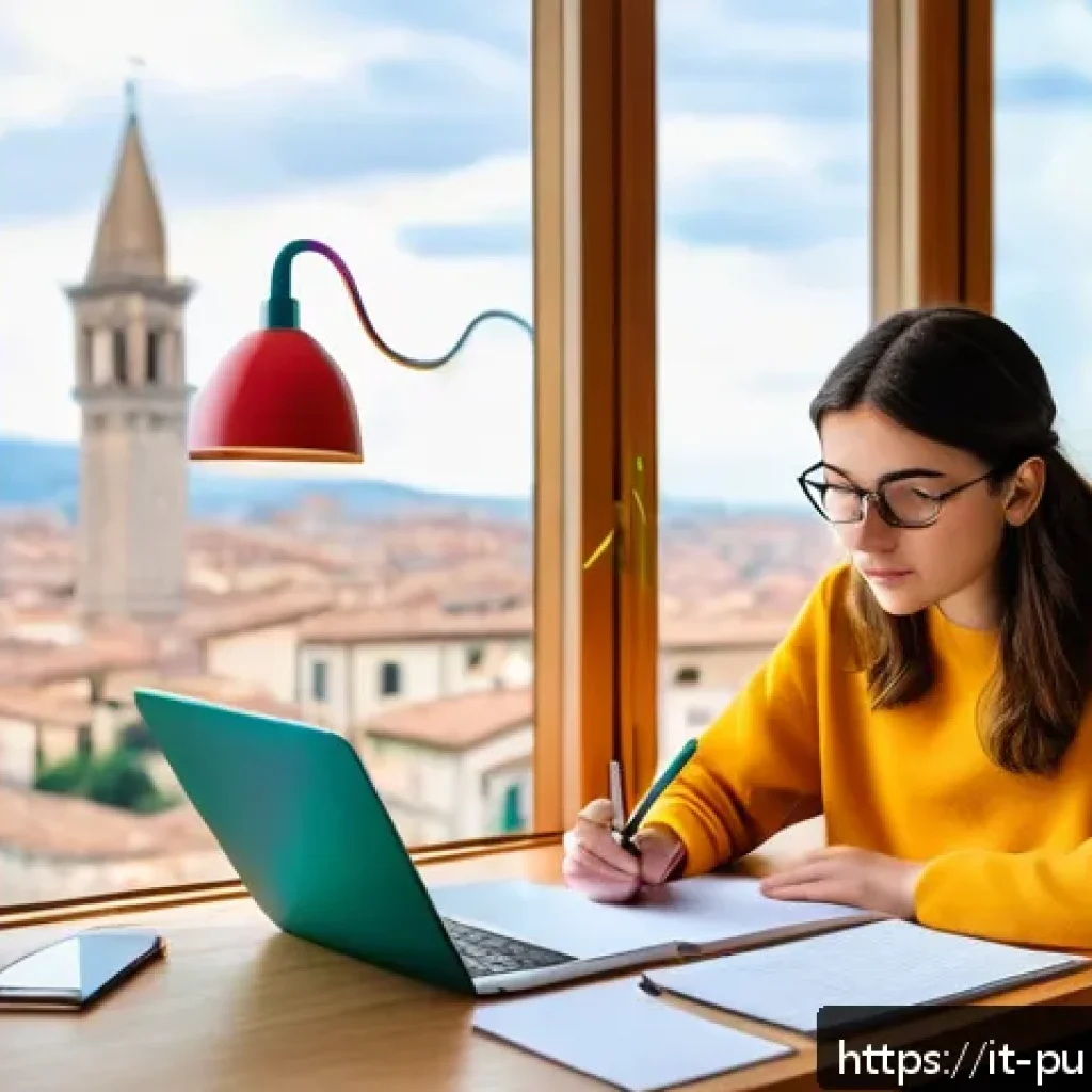 공공관리사 시험 준비 과정 중 겪는 어려움 해결법 - A cozy, well-lit study room with a young adult Italian student sitting at a wooden desk, attentively...