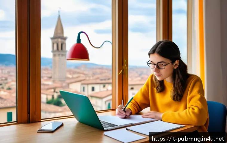 공공관리사 시험 준비 과정 중 겪는 어려움 해결법 - A cozy, well-lit study room with a young adult Italian student sitting at a wooden desk, attentively...