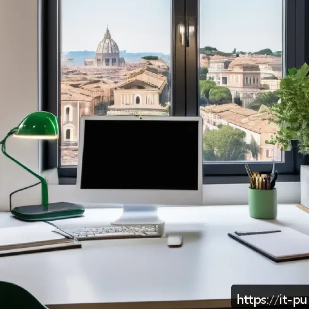 공공관리사 직무 스트레스 관리법 - A bright, modern Italian public office workspace featuring a neatly organized desk with a small gree...