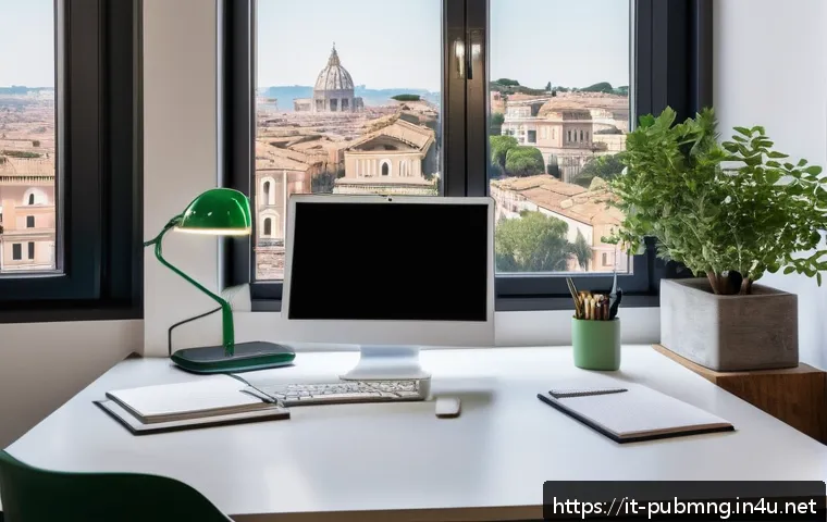 공공관리사 직무 스트레스 관리법 - A bright, modern Italian public office workspace featuring a neatly organized desk with a small gree...