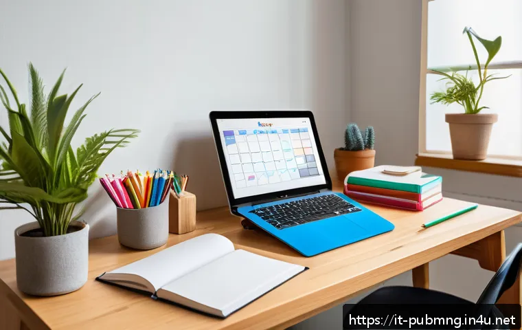 공공관리사 시험 준비 과정에서의 시간 관리 방법 - A cozy, well-lit study room featuring a modern wooden desk neatly organized with textbooks, colorful...