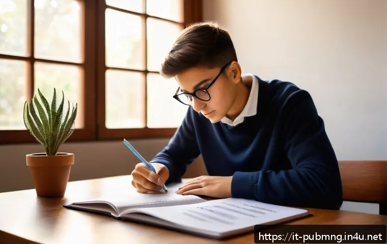 공공관리사 실기시험 준비에 도움 되는 자료 - A focused Italian student studying at a wooden desk by a large window with morning sunlight streamin...