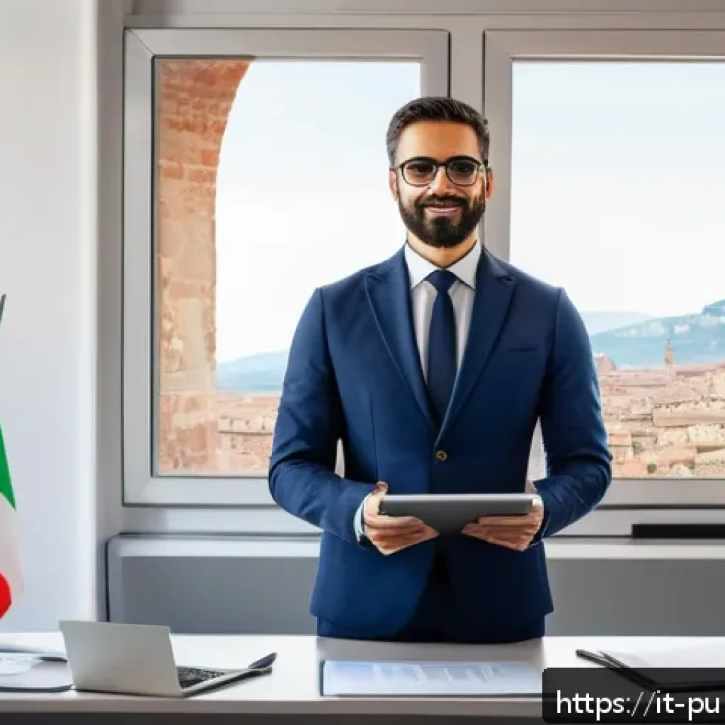 공공관리사 실무 경험 공유 - A professional public sector employee in a modern Italian government office, wearing business casual...