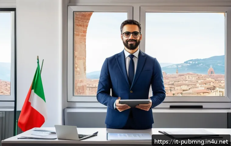 공공관리사 실무 경험 공유 - A professional public sector employee in a modern Italian government office, wearing business casual...