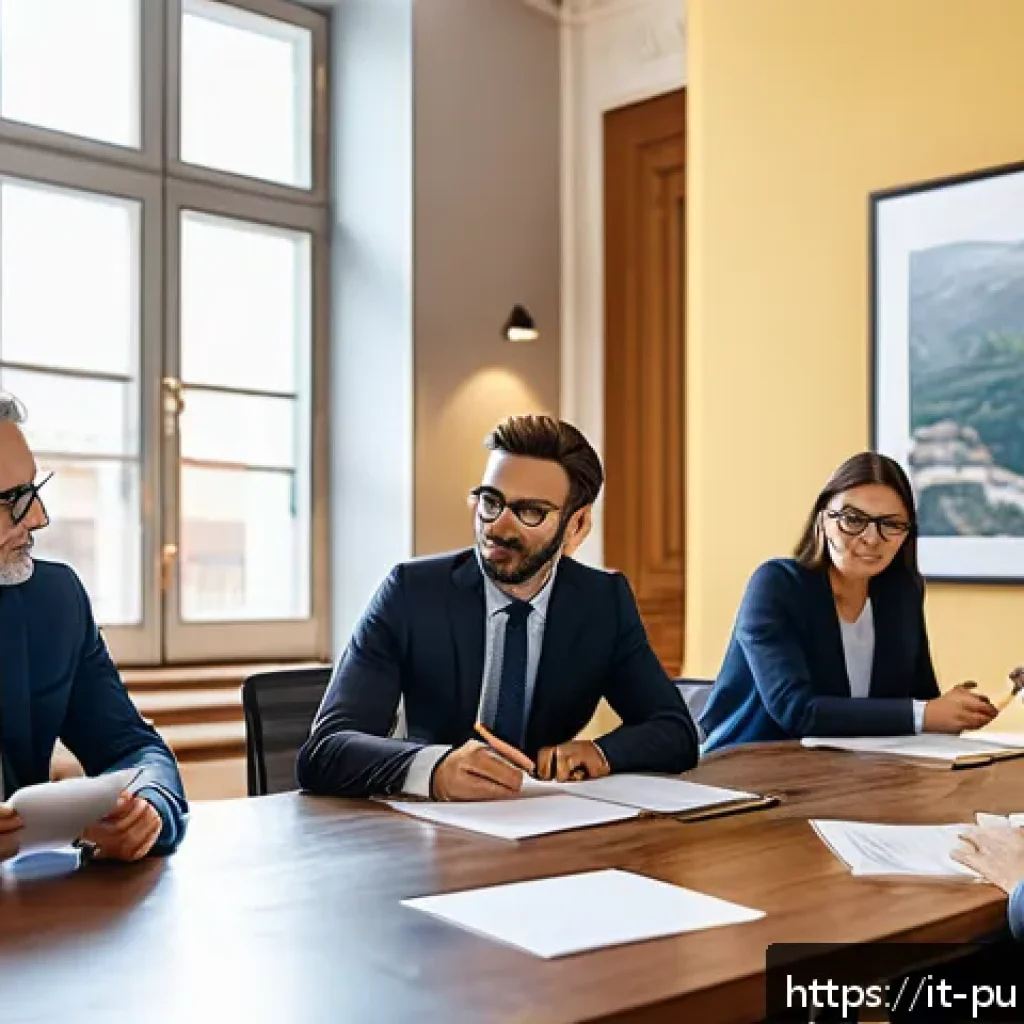 공공관리사 실무 경험을 활용한 네트워킹 팁 - A professional networking scene in a modern Italian public administration office: diverse colleagues...