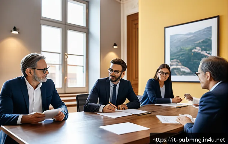 공공관리사 실무 경험을 활용한 네트워킹 팁 - A professional networking scene in a modern Italian public administration office: diverse colleagues...