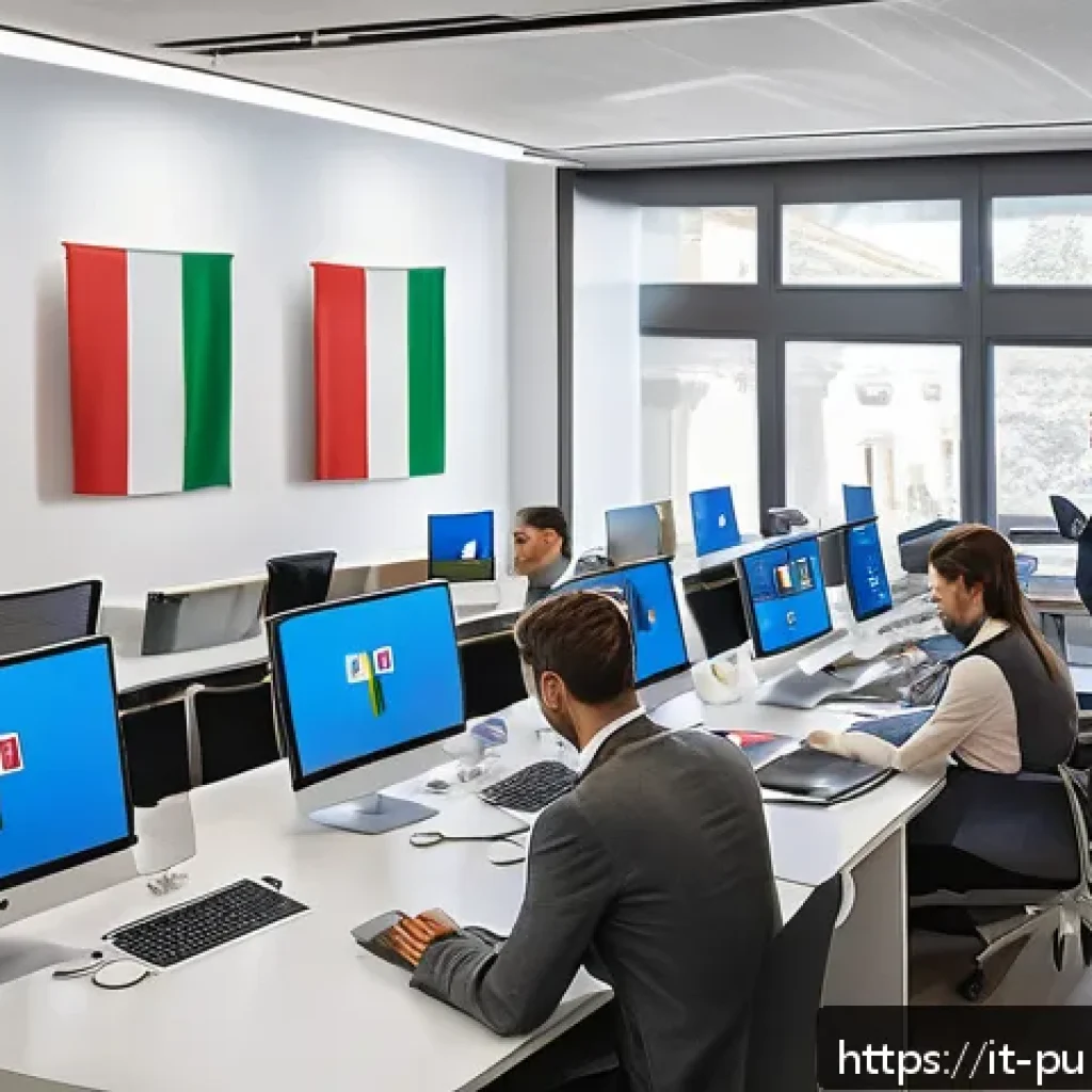 공공관리사 실무 경험과 관련된 교육 프로그램 - A modern Italian public administration office interior featuring diverse professionals collaborating...