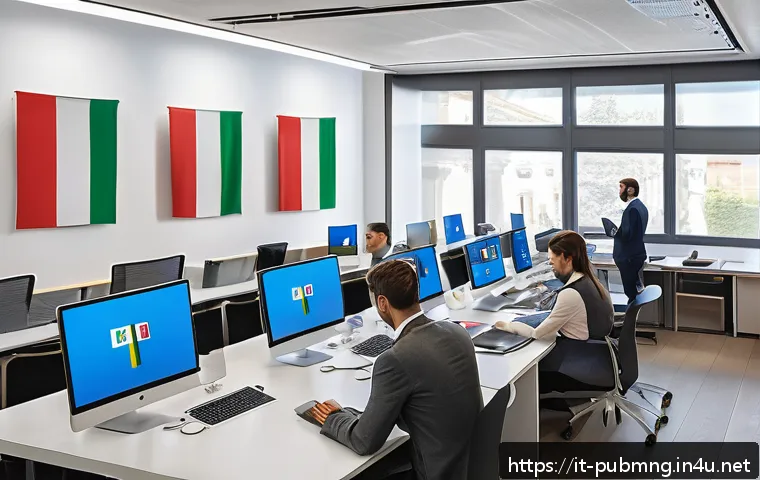 공공관리사 실무 경험과 관련된 교육 프로그램 - A modern Italian public administration office interior featuring diverse professionals collaborating...