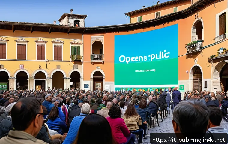 공공관리사 직업군과 연계된 업무 - A vibrant public town hall meeting scene in an Italian piazza during springtime, featuring diverse c...