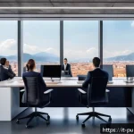 공공관리사 직무와 관련된 최신 트렌드 - A modern Italian public administration office scene showing diverse employees collaborating via clou...
